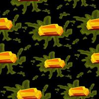 Abstract seamless pattern with amber and seaweed on black background. Pretty jewelry precious stone with star flashes. Color image. vector