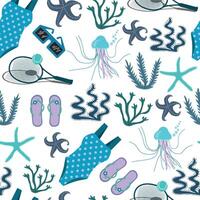 Seamless blue pattern with flip flop sandals, swimsuits, starfish. Jellyfish, seaweeds and sunglasses. Tennis racket with ball. Repeating summer print, background texture. Isolated on white. vector