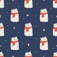 Seamless pattern in Scandinavian style. Cute bear in red scarf, hearts and snow. Dark Christmas pattern vector