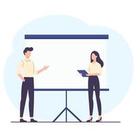 A man and a woman make a presentation in front of a large banner. Space for your text. Flat illustration vector