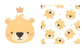 set for printing on children's products. Cute bear face with crown. Seamless pattern on white background vector
