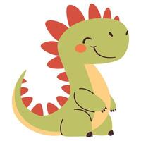 Cute green dinosaur in simple child style on white background, flat illustration vector