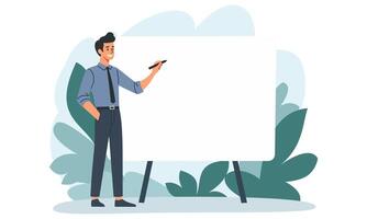 Flat illustration. A man in a strict suit is standing in front of a banner, holding a tablet and saying something, pointing with a finger vector