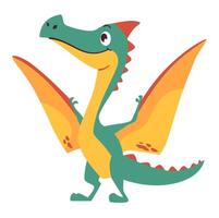 Cute yellow dinosaur pterosaur in simple child style on white background, flat illustration vector