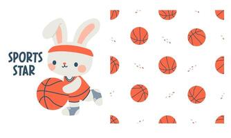 set for printing on children's products. Cute hare playing basketball, white rabbit with ball. Seamless pattern for printing vector