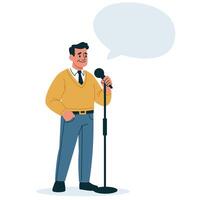 Flat illustration. a man in age stands and says something into a microphone, a speaker, speech bubble with space for your text vector