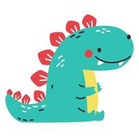 Cute green dinosaur in simple child style on white background, flat illustration vector