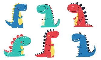 Set of flat illustrations in Scandinavian style. Cute kind dinosaurs in bright colors on white background vector