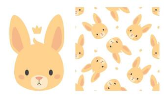 set for printing on children's products. Cute bunny face with crown. Seamless pattern on white background vector