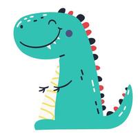 Cute green dinosaur in simple child style on white background, flat illustration vector