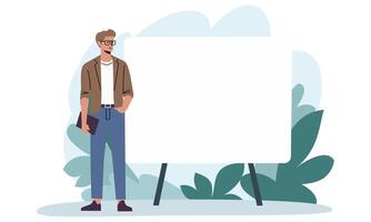 Flat illustration. A man in a strict suit is standing in front of a banner, holding a tablet and saying something, pointing with a finger vector