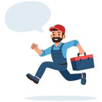 Flat illustration. Cheerful plumber running for a call, speech bubble with space for your text vector