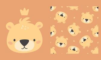 set for printing on children's products. Cute bear face with crown. Seamless pattern on brown background vector
