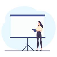 Flat illustration. A woman stands next to the banner and smiles, giving a presentation. Presentation and banner for a web site. Place for your text on the banner vector