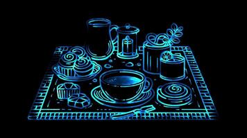 Neon frame effect traditional Swedish fika setting, glow, black background. video