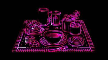 Neon frame effect traditional Swedish fika setting, glow, black background. video