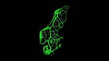 Neon frame effect Sweden map, glow, black background. video