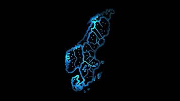 Neon frame effect Sweden map, glow, black background. video