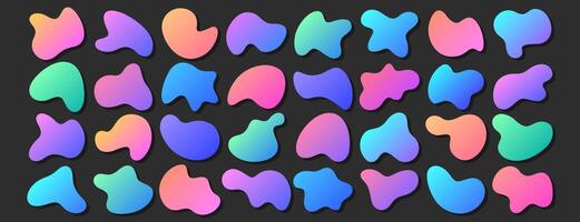 Set of holographic freeform shapes or irregular blobs. Random liquid deformed figures. Neon colors organic stains, wavy spots or fluid simple amoeba abstract form. Modern assymmetric colorful blotches vector