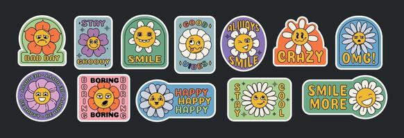 groovy daisy flowers sticker with faces. Funky flower characters with different emotions and slogan. Patches of cute bloom chamomiles in trendy retro flat style. Funny hippie floral labels pack vector