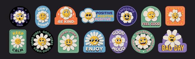 groovy daisy flowers sticker with faces. Funky flower characters with slogan and different emotions. Cute bloom chamomiles patches in trendy retro flat style. Funny hippie floral labels pack. vector