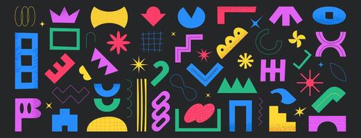 Set of simple abstract geometric and organic freeform shapes. Vibrant colors of various hand drawn figures and different forms in modern trendy style. Textured random objects, doodle design elements. vector