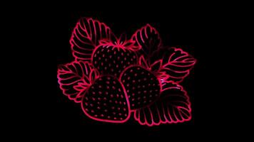 Neon frame effect strawberries, glow, black background. video