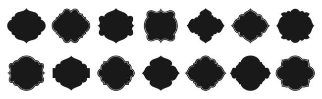Islamic window set. Black silhouette of arabic design elements or decor in oriental style. Muslim architecture frames in different shapes for Ramadan. mosque arches isolated on white background vector