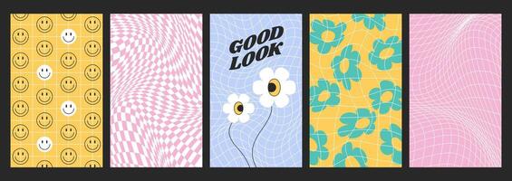 Psychedelic checkerboard set with distorted grid tile. Checkered seamless pattern in retro y2k style. Warped chessboard, poster with funky daisy flowers, fun smile faces. Geometric twisted backgrounds vector