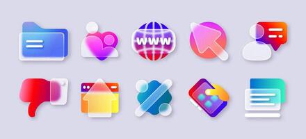 Transparent frosted glass morphism icon. 3d glassmorphism ui icons with document folder, user contact profile, arrow, sale discount sign, phone and laptop for mobile app. Realistic matte blur buttons. vector
