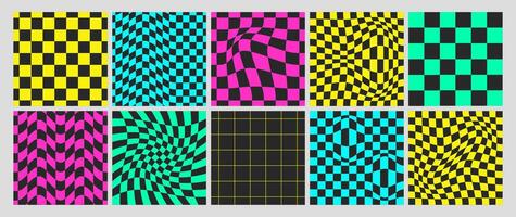 Acid psychedelic checkerboard with warped grid tile, wavy lines. Trippy checkered wallpaper or groovy distortion backgrounds. Twisted seamless pattern in trendy y2k style. Square distorted chessboards vector