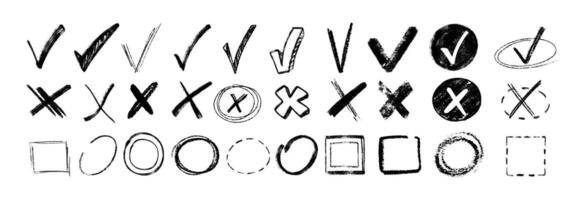 Doodle chalk check mark set. Black charcoal pencil check boxes, sketch checklist icons, tick cross signs. Crayon grunge checkmark elements. Hand drawn checkbox vote marks, correct or incorrect symbols vector