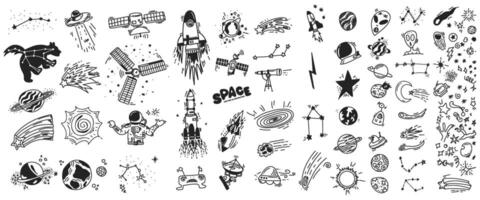 Set of Hand drawn space doodles. Childish space line elements. Rockets, aliens, ufo, stars, planets, constellations, comets, asteroids, astronaut. Cartoon Outer space sketch designs vector