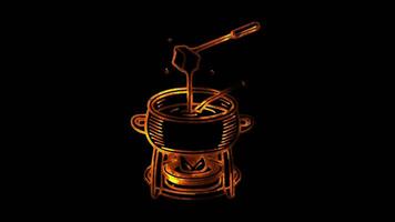 Neon frame effect cheese fondue set , glow, black background. video
