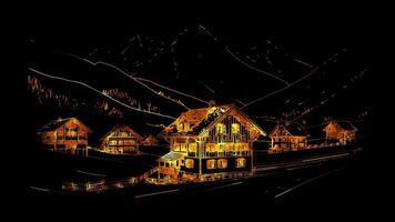 Neon frame effect Swiss chalets mountain landscape with several traditional, glow, black background. video