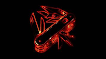 Neon frame effect Swiss Army knife , glow, black background. video