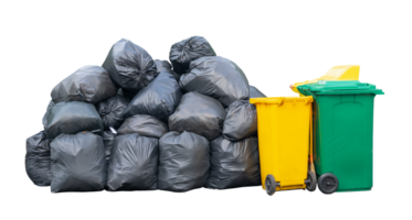 Front view of giant stack of garbage in black plastic bag with wheeled plastic bin or can isolated with clipping path in file format png