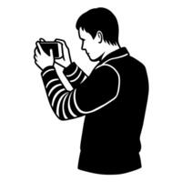 a man taking picture with mobile phone black color silhouette, white background vector