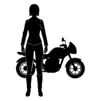 a lady biker stand with a stylish motor cycle black color silhouette vector