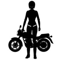 a lady biker stand with a stylish motor cycle black color silhouette vector