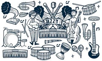 hand drawn set of jazz music doodle set. music instruments in doodle isolated on white background. vector