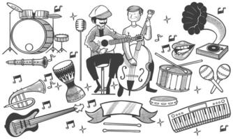 hand drawn set of jazz music doodle set. music instruments in doodle isolated on white background. vector