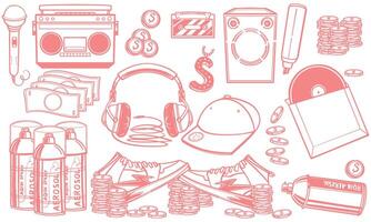 Pink hand drawn set of rap music doodle set. music instruments isolated on white background. vector