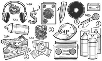 Black and white hand drawn set of rap music instruments in doodle style isolated on white background vector
