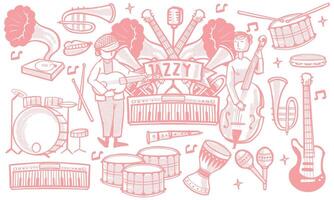 hand drawn set of jazz music doodle set. music instruments in doodle isolated on white background. vector