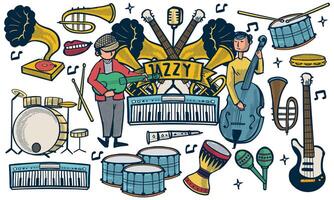 hand drawn set of jazz music doodle set. music instruments in doodle isolated on white background. vector