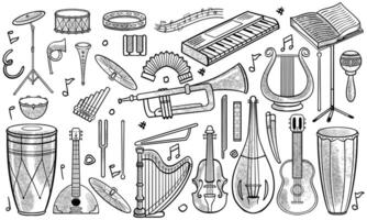 Monochrome hand drawn set of classic and jazz music instruments in doodle style on white background. vector