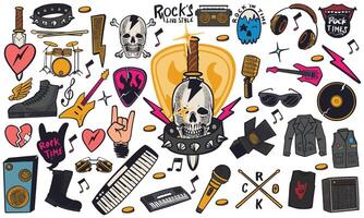 Hand drawn set of rock music doodle music instruments in doodle style isolated on white background. vector