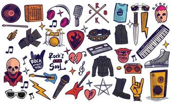 Hand drawn set of rock music doodle music instruments in doodle style isolated on white background. vector
