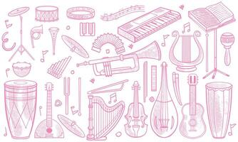 Pink hand drawn set of classic and jazz music instruments in doodle style on white background. vector